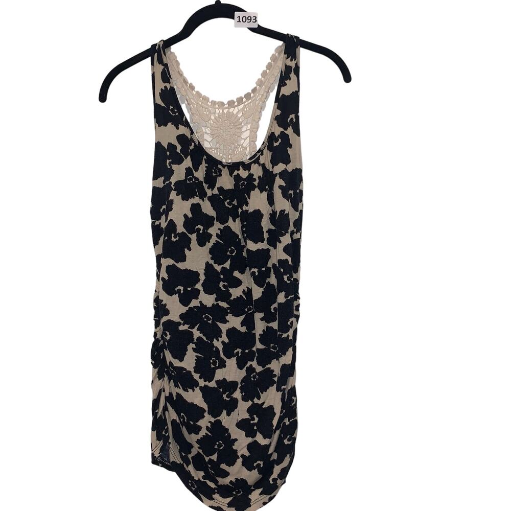 Floral Tank w/ Crochet Detail Back, Halter Tank Top, M, Black, Cream, Flower
